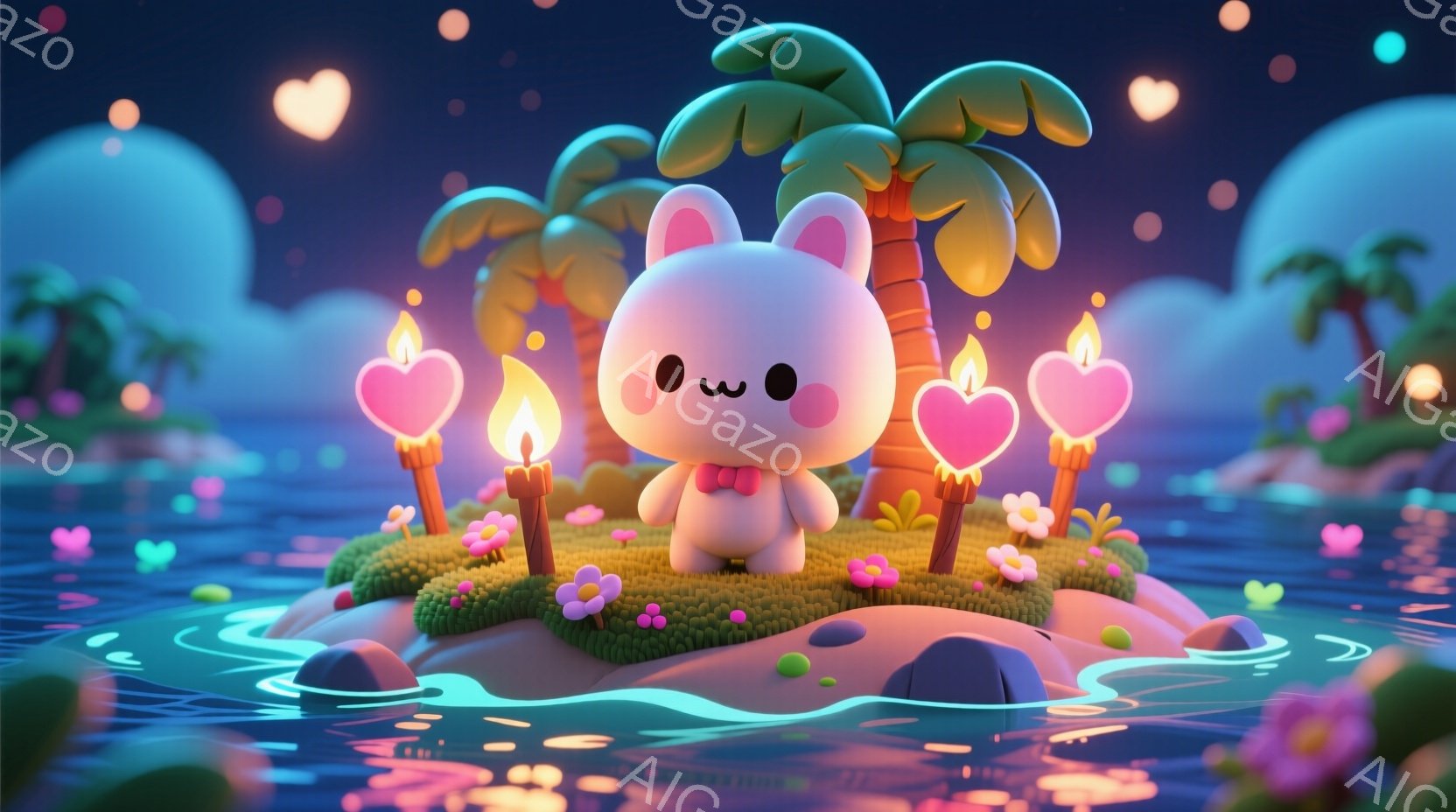 桃色の背景に浮かぶ小さな島に、ピンク色のウサギが立っています。ウサギは赤いリボンをつけており、つぶらな瞳で穏やかな表情をしています。周囲にはカラフルな花が咲き、炎を灯したキャンドルが置かれ、夢のような幻想的な雰囲気を醸し出しています。