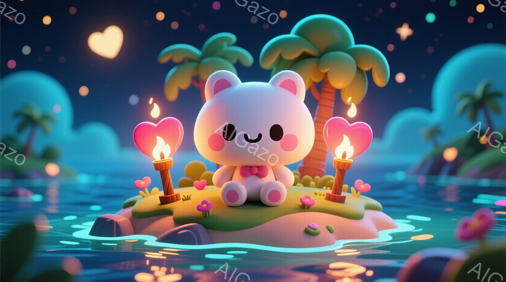 可愛らしいクマのキャラクターが、小さな島の中央に座っています。ピンクのリボンを付け、幸せそうに微笑んでおり、周囲にはハートや花が散りばめられています。背景にはヤシの木が生い茂り、水面には光が反射し、全体的に夢のような、ロマンチックな雰囲気を醸し出しています。