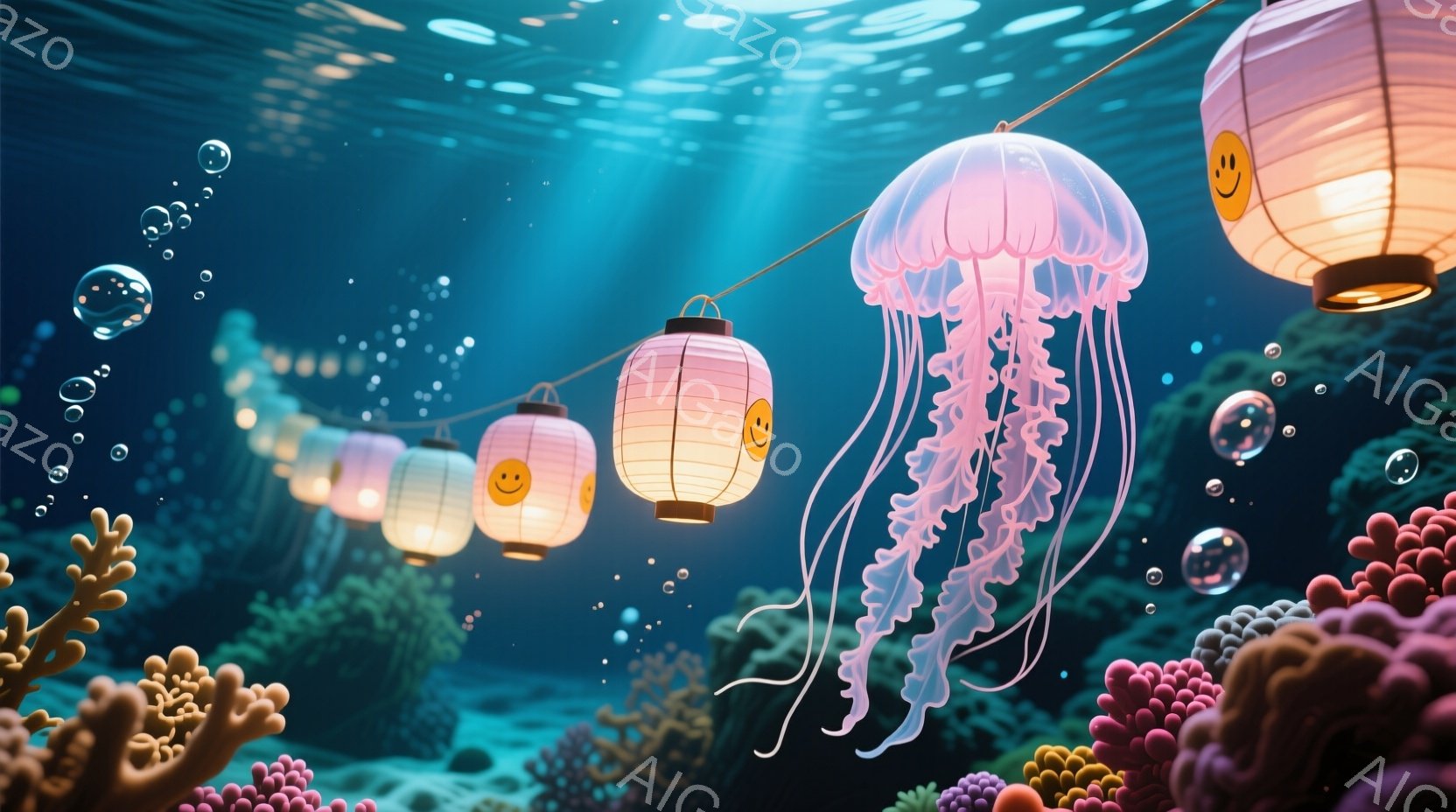 深い青色の海中に、可愛らしい笑顔の提灯が連なり、まるで海底の祭りを見ているようです。ピンク色のクラゲが優雅に漂い、周囲のカラフルなサンゴ礁や泡が幻想的な雰囲気を醸し出しています。全体的に穏やかで、温か - AI生成フリー素材