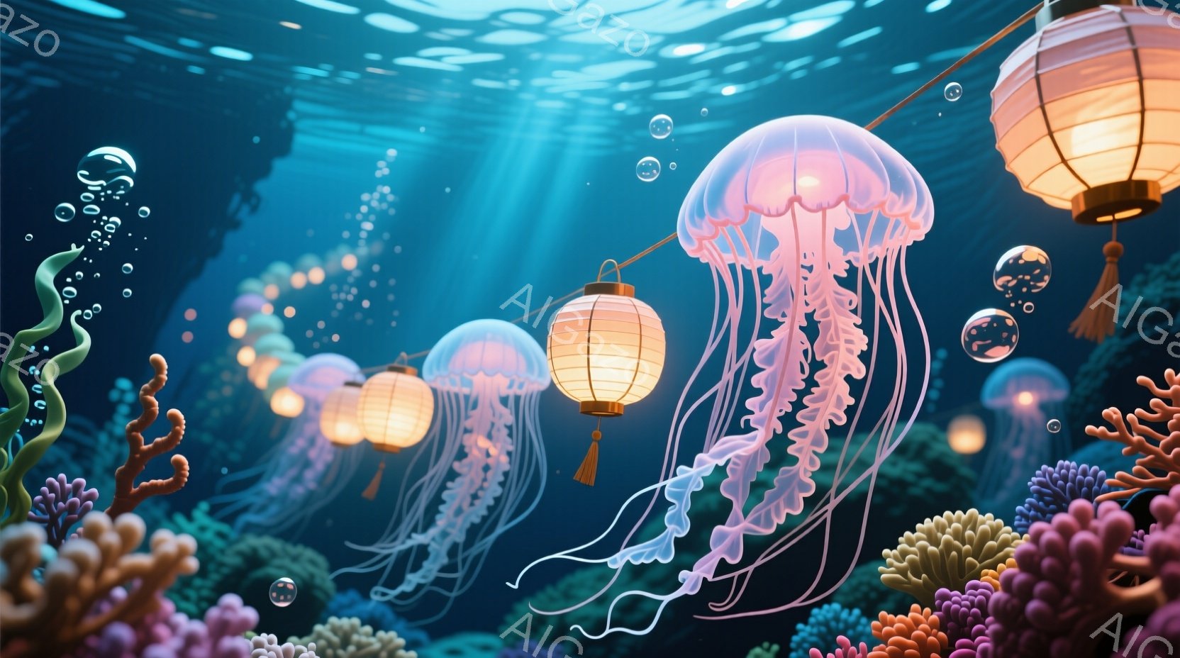深い青色の海中に、光る提灯のようなクラゲが多数漂っている様子が描かれている。鮮やかな珊瑚礁が海底に広がり、水面には小さな泡が舞い、幻想的な雰囲気を醸し出している。提灯の柔らかい光が水中で輝き、神秘的で - AI生成フリー素材