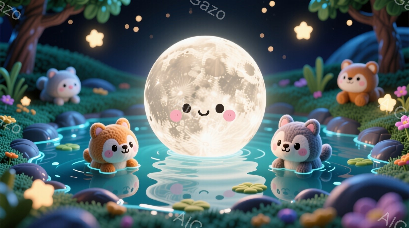 満月を背景に、水面に浮かぶ可愛らしい動物たちのイラストです。茶色と灰色のふわふわした動物たちは、それぞれ水面に浮かぶ葉っぱの上に座り、穏やかな表情で月を見上げています。背景には緑豊かな木々や花々、そし - AI生成フリー素材