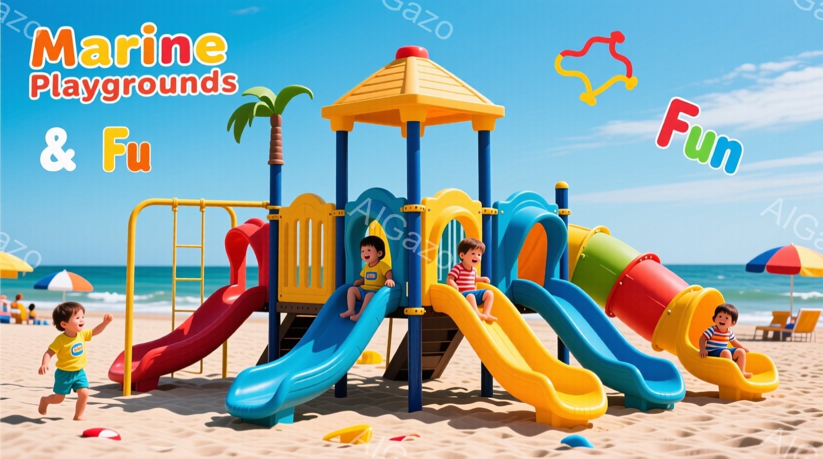 砂浜にカラフルな遊具が設置されており、子供たちが楽しそうに遊んでいます。青い水着と短いズボンの男の子が滑り台から降りてきており、赤い水着の男の子は滑り台を登っています。背景には青い空と海、パラソル、そしてビーチチェアが見え、晴れた夏の日の賑やかな雰囲気が伝わってきます。