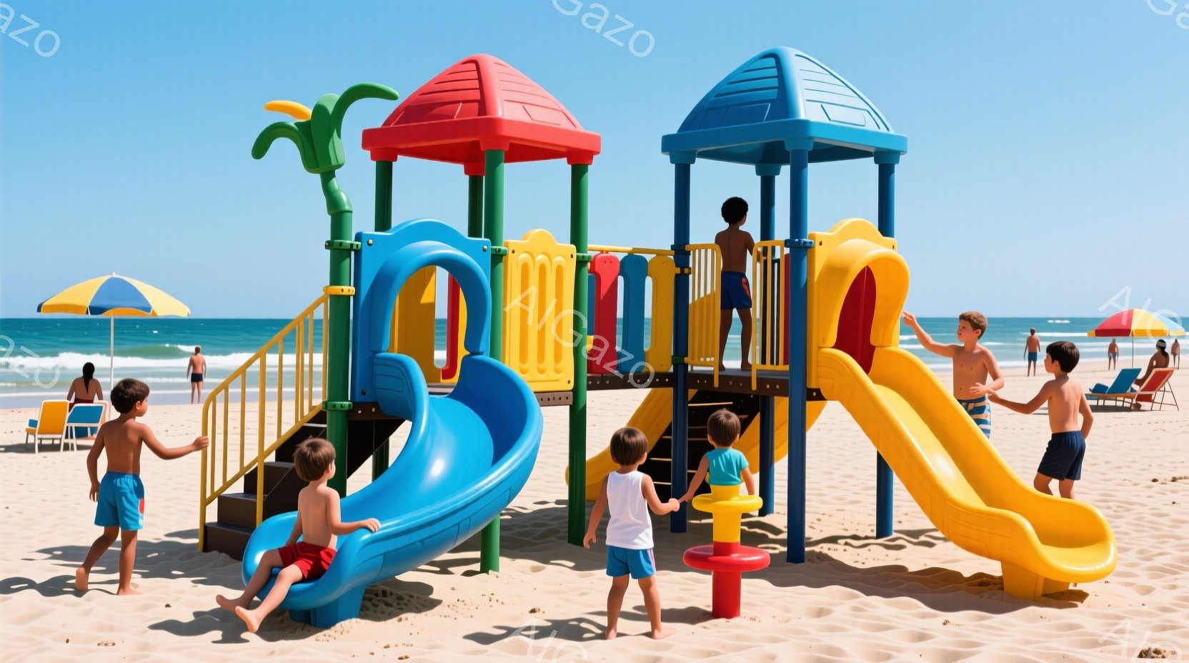 砂浜にカラフルな遊具があり、複数の子供たちが楽しそうに遊んでいます。子供たちは水着姿で、スライドを滑ったり、遊具の階段を上ったりと活発に動き回っています。背景には青い海と空が広がり、パラソルやビーチチ - AI生成フリー素材