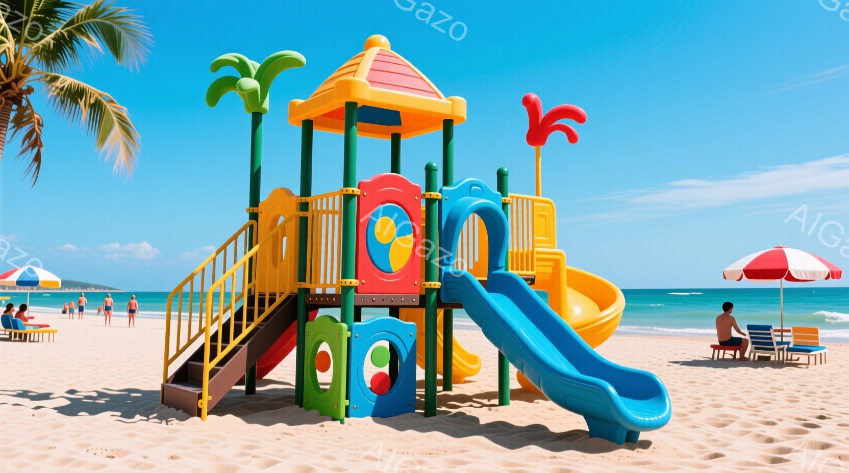 砂浜にカラフルな遊具が設置されており、青い滑り台が特に目を引きます。背景には青い海と白い波が広がり、パラソルとビーチチェアが置かれています。晴天で、穏やかな夏の日の雰囲気が漂っています。