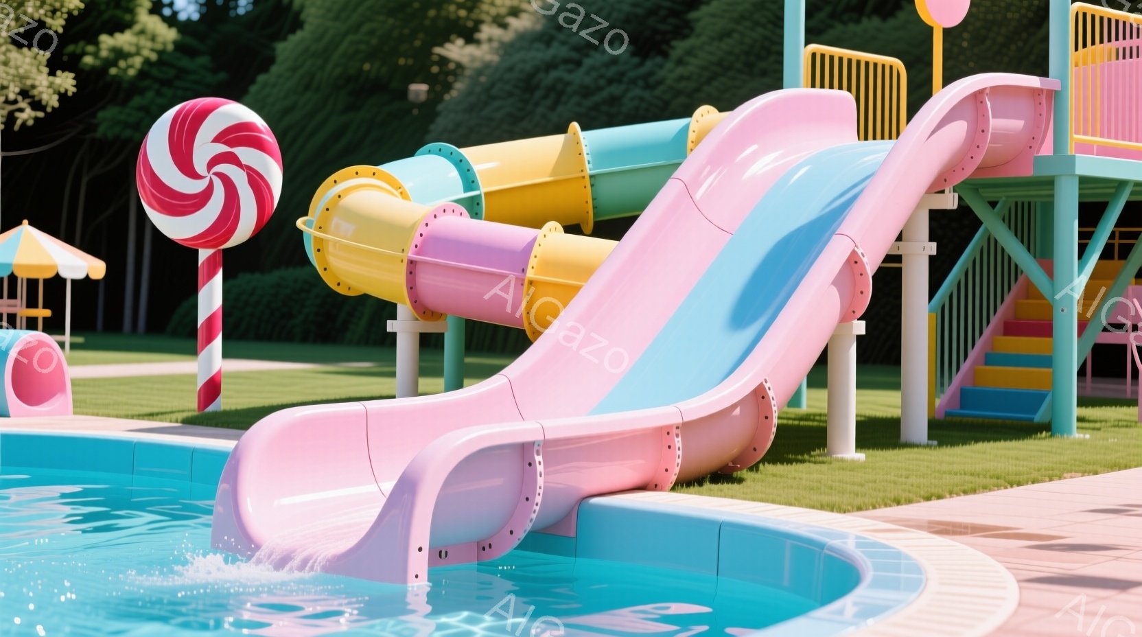 鮮やかなピンク、黄色、水色のウォータースライドがプールに迫っている様子が写っている。背景には緑豊かな芝生と、キャンディのような装飾が点在しており、遊園地やプールのような場所であることがわかる。全体的に - AI生成フリー素材