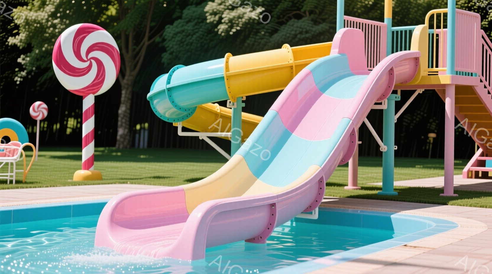 明るい青いプールの中にピンク、黄色、水色のストライプのスライダーが大きく広がっています。背景には緑の芝生とカラフルなキャンディのようなオブジェがあり、子供向けの遊園地やレジャー施設の一部であると思われます。全体的に、鮮やかで遊び心にあふれた、夏の楽しい雰囲気を醸し出しています。