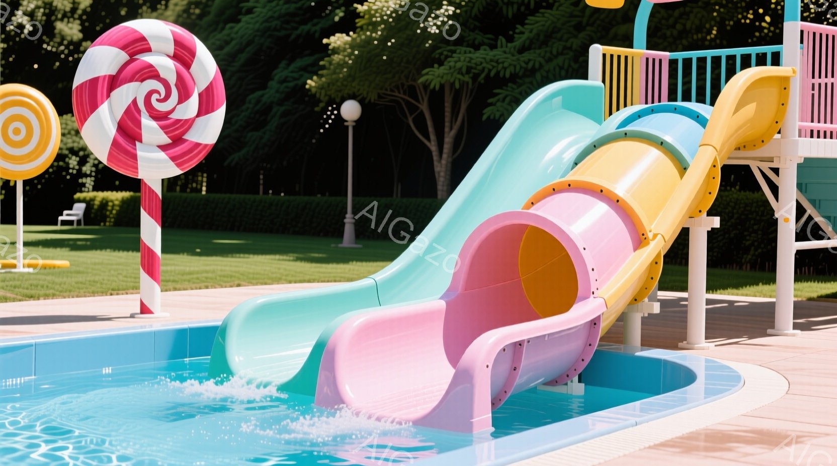 プールサイドには、パステルカラーのカラフルなウォータースライダーが設置されており、水面には水しぶきが上がっています。背景には緑豊かな芝生と木々が広がり、遠くには建物が見えます。全体的に明るく、楽しげな雰囲気で、子供たちの遊び場を想起させます。