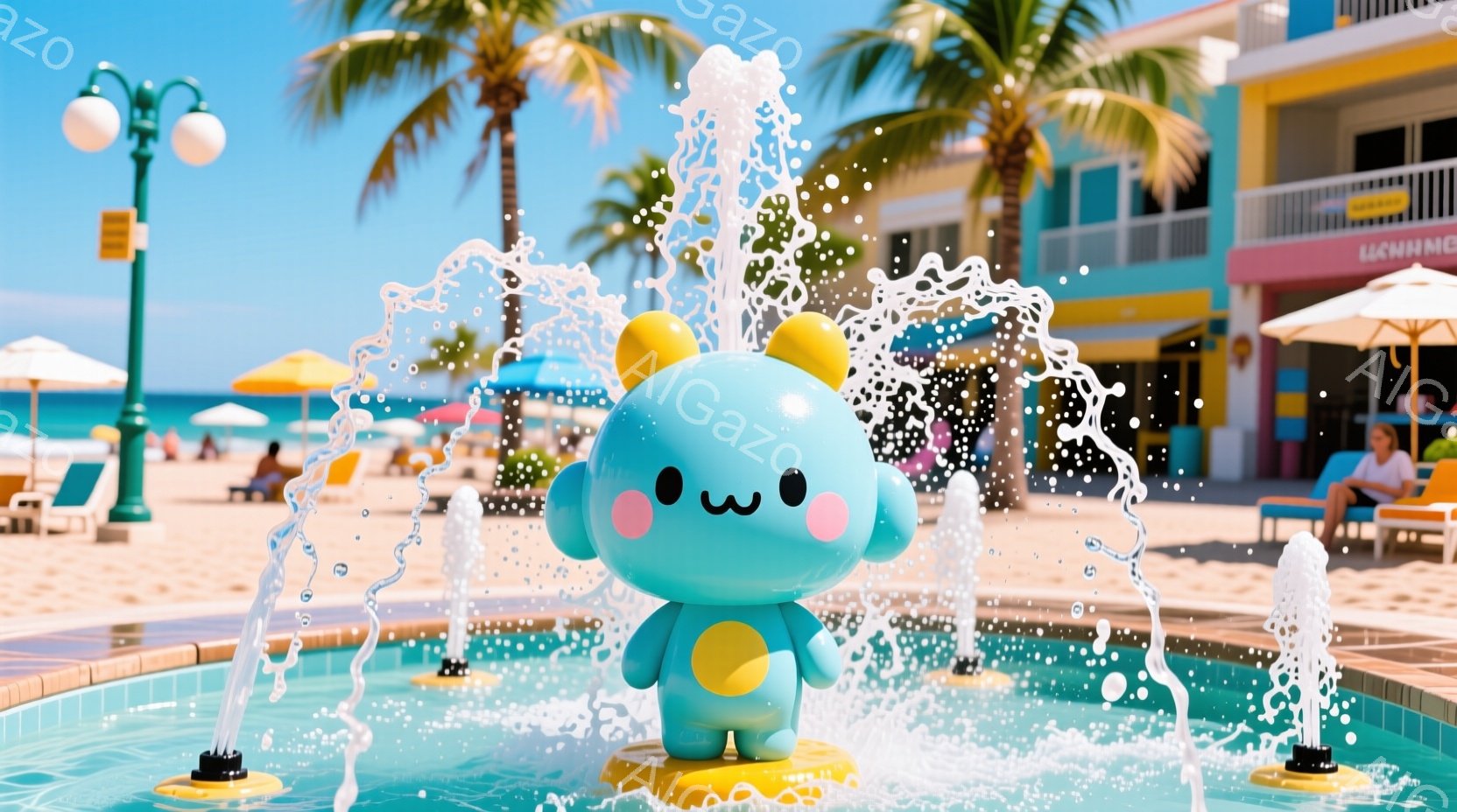 青い水しぶきの中に、かわいらしいカートゥーンキャラクターが立っている。キャラクターは丸い体型で、大きなつぶらな瞳と小さな口を持っており、愛らしい表情をしている。背景には青い空と白い砂浜、ヤシの木が生い茂り、カラフルな建物が並び、リゾート地のような明るい雰囲気が漂っている。