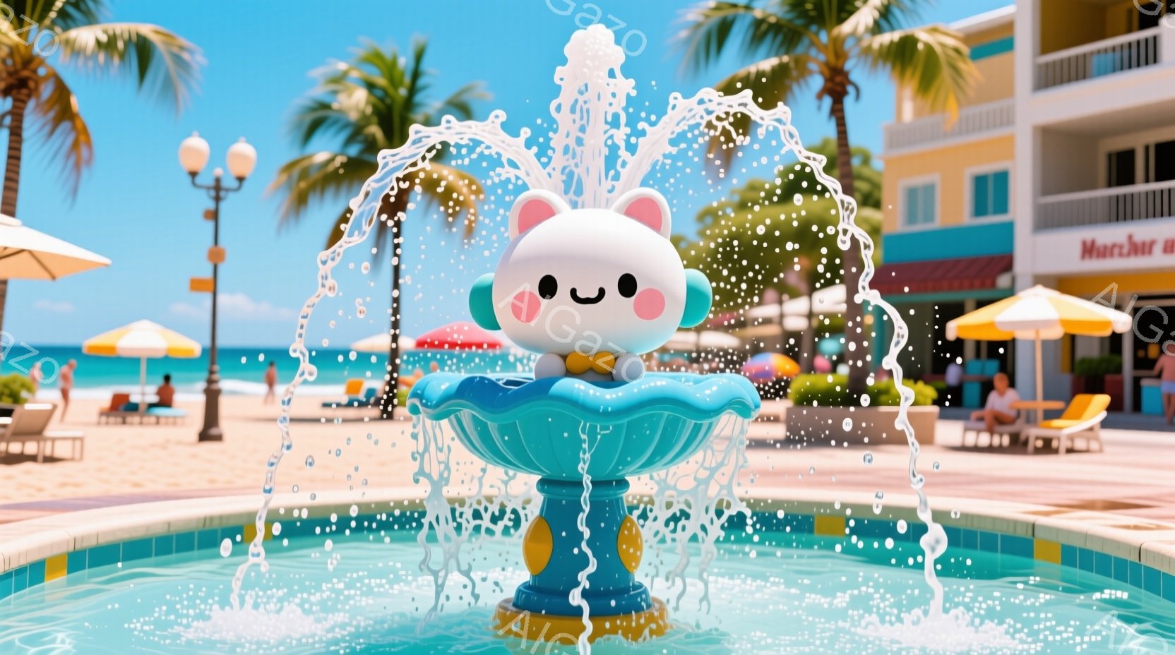 カラフルな噴水の中に、かわいらしい白い動物のキャラクターが座っています。背景には青い空とヤシの木、そしてビーチとカラフルな建物が見え、暖かい夏の日のリラックスした雰囲気が漂っています。噴水の水がキャラクターを取り囲み、楽しげな雰囲気をさらに高めています。