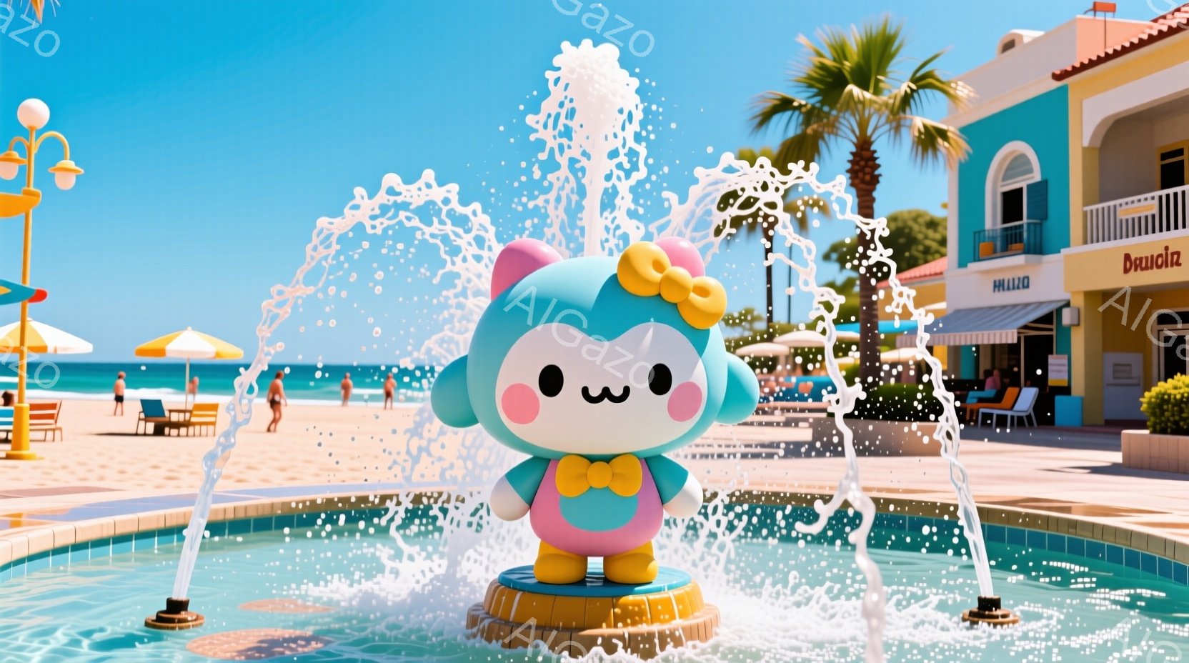 明るい青空の下、クリーム色の噴水の上に、大きな目とピンクの頬を持つ、可愛らしいキャラクターが立っています。キャラクターは水色のワンピースと黄色のリボンで飾られ、楽しそうな表情をしています。背景には、カ - AI生成フリー素材