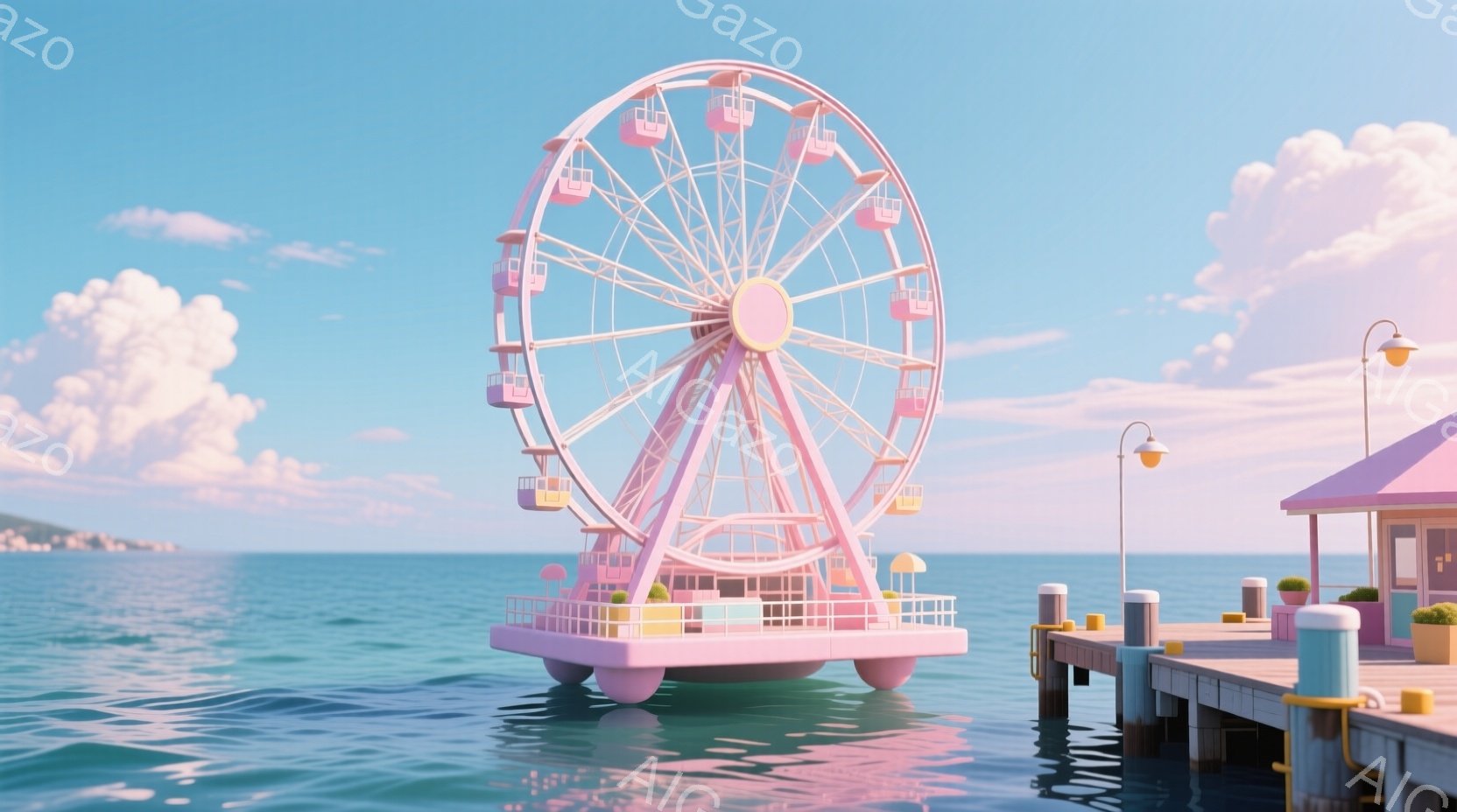 淡いピンク色の観覧車が、穏やかな海の上に浮かぶプラットフォームに設置されている。背景には、青い空と白い雲、遠くの海岸線が見え、全体的に穏やかで夢幻的な雰囲気を醸し出している。木製の桟橋と可愛らしいピン - AI生成フリー素材