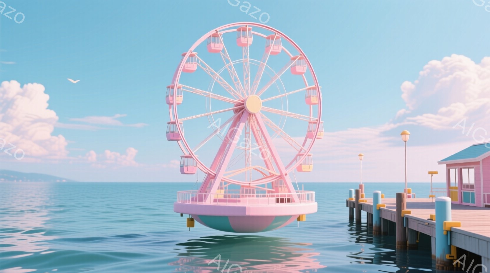 淡いピンク色の観覧車が、ターコイズブルーの海の上に浮かぶ桟橋の上をホバリングしている様子が描かれています。背景には穏やかな海と、ふんわりとした雲が広がり、桟橋には小さな建物や街灯が配置され、全体的に穏 - AI生成フリー素材