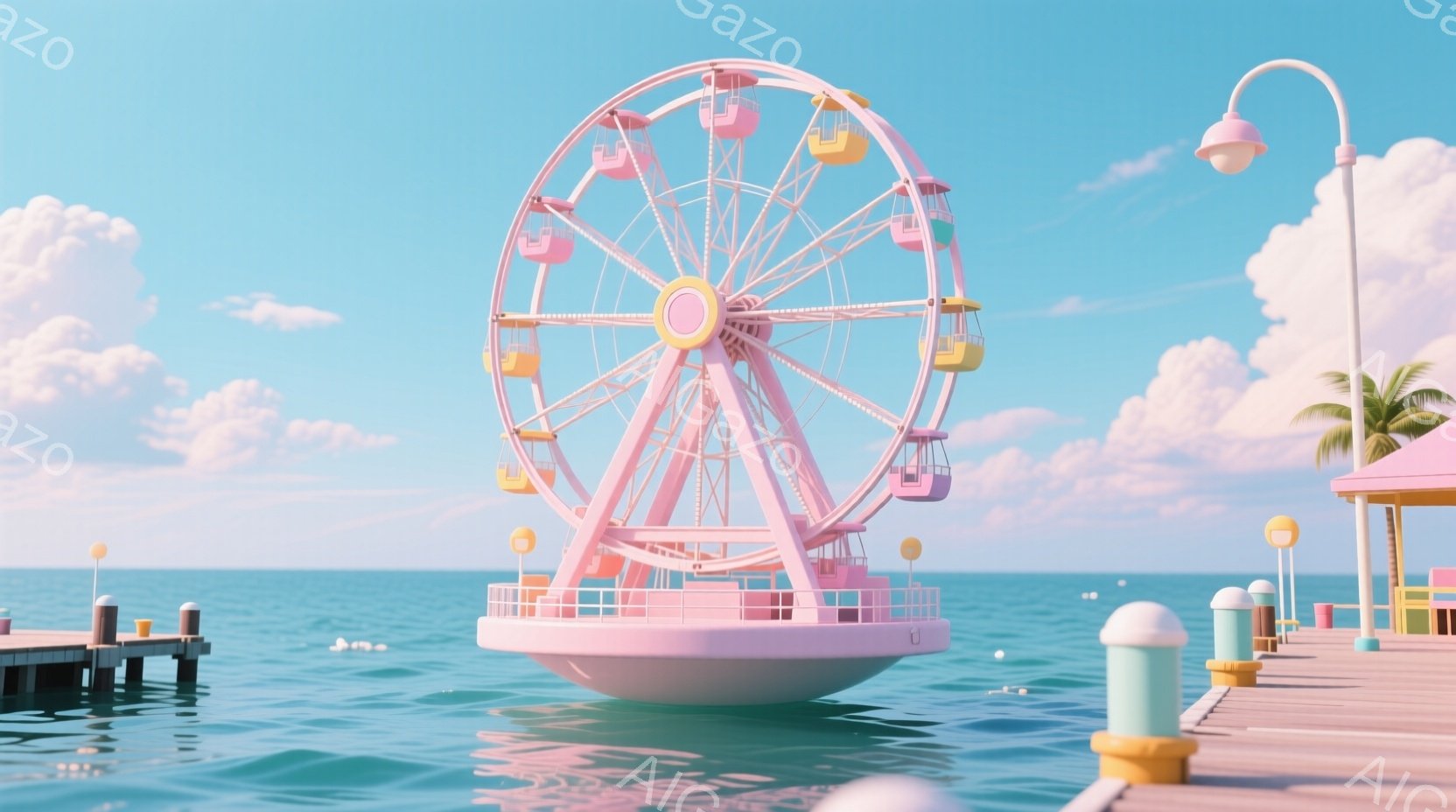 淡いピンク色の観覧車が、ターコイズブルーの海の上に浮かんでいます。桟橋とヤシの木が観覧車の周りを囲み、穏やかな晴天と白い雲が背景に広がっています。全体的にパステルカラーで柔らかく、夢のような穏やかな雰 - AI生成フリー素材