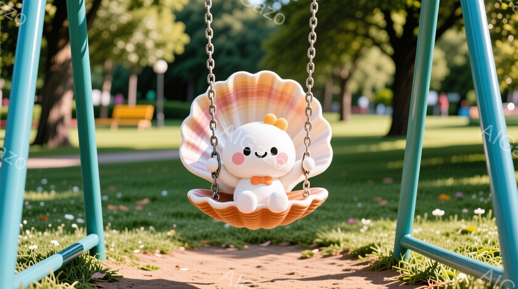 明るい緑の芝生の上に設置された青いブランコに、クリーム色の可愛らしいキャラクターが座っています。キャラクターはオレンジ色の服を着ており、丸い顔には優しい笑顔が浮かんでいます。背景には緑豊かな木々や白く - AI生成フリー素材