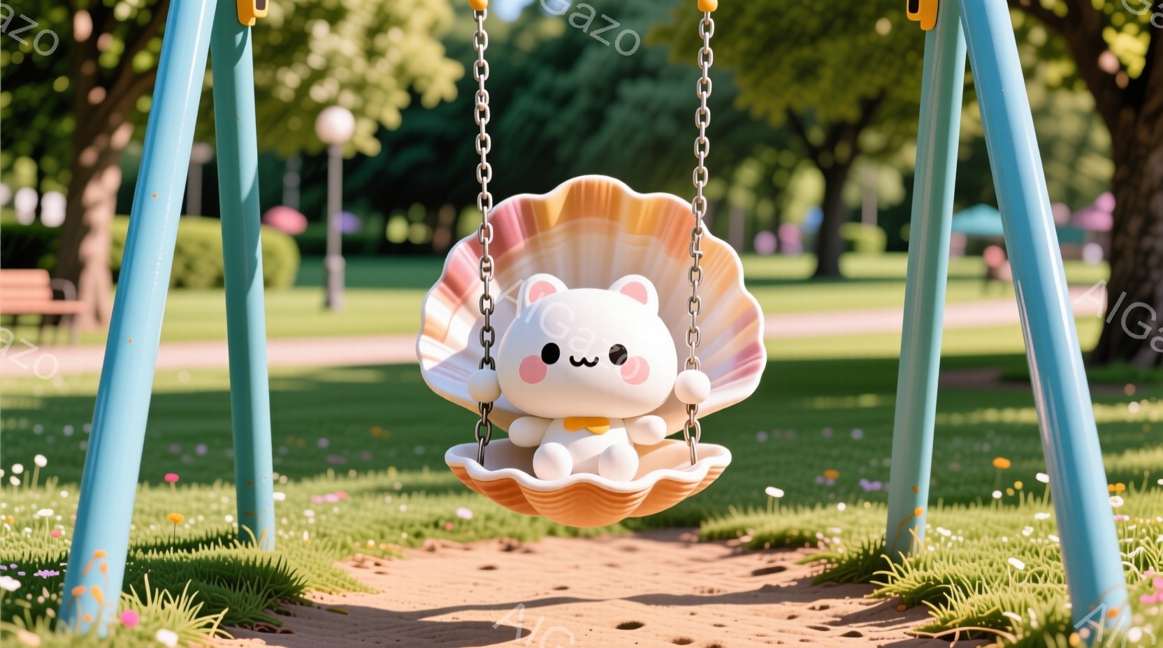 白いふわふわとした動物のキャラクターが、オレンジと白の貝殻のような椅子に座ってブランコに乗っています。キャラクターは丸い耳と小さなピンクの頬を持ち、リラックスした表情をしています。背景には緑の芝生、花 - AI生成フリー素材