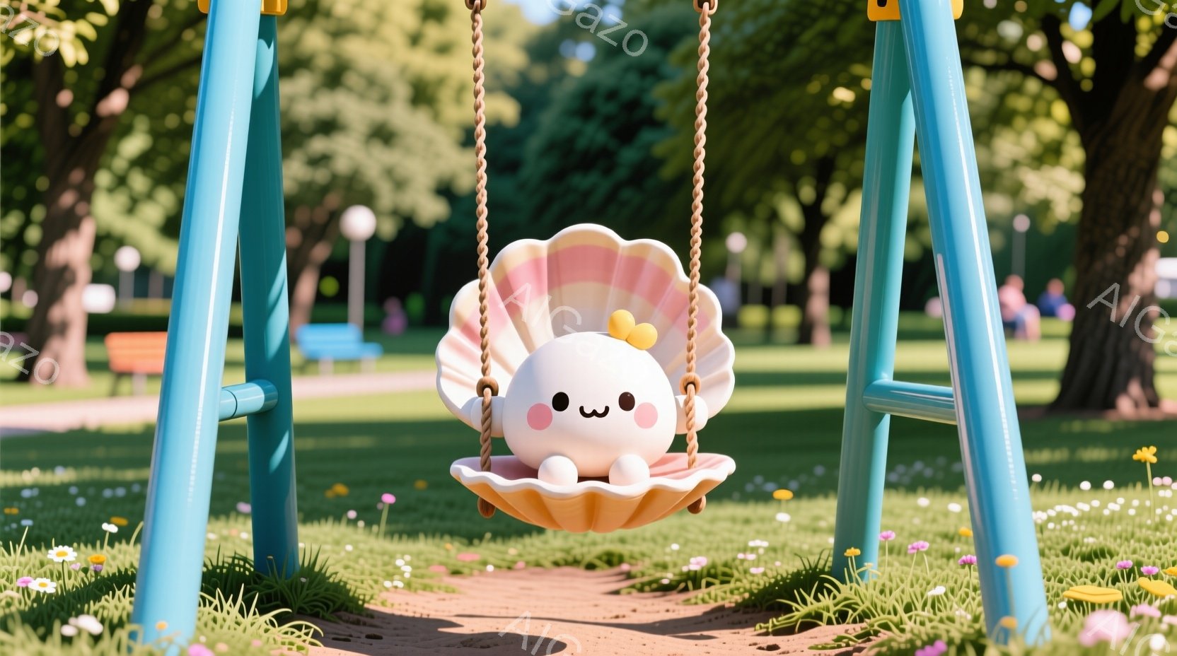 ターコイズブルーのブランコに、かわいらしい白い生き物のようなものが貝殻の中に座っています。その生き物は丸くてふわふわしており、つぶらな瞳と控えめな笑顔が特徴です。背景には緑豊かな公園が広がり、木々や花々が咲き乱れ、晴れた日の穏やかな雰囲気を醸し出しています。