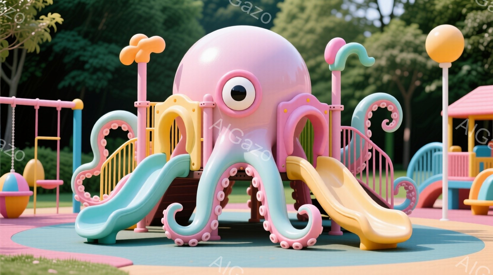 鮮やかなピンク、水色、黄色のタコを模した遊具が、遊園地の遊具エリアに設置されています。タコの頭部は大きく、大きな目と口があり、触手は滑り台として機能し、子供たちが遊ぶための楽しい空間を作り出しています。背景には緑豊かな芝生と、他のカラフルな遊具がぼやけて見え、晴れた日の楽しい雰囲気を示しています。