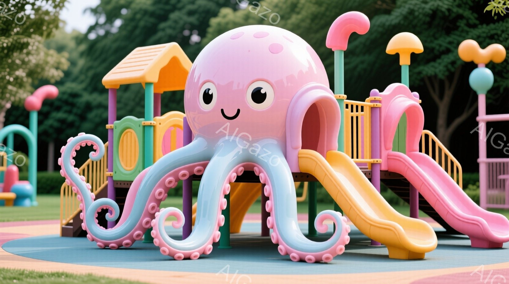 カラフルな遊具が並ぶ公園の一角に、大きなタコを模した滑り台があります。ピンク色のタコの頭部は可愛らしい表情で、黄色や水色の滑り台がそこから伸びています。背景には緑豊かな木々が見え、晴れた日の遊園地の楽しげな雰囲気が伝わってきます。