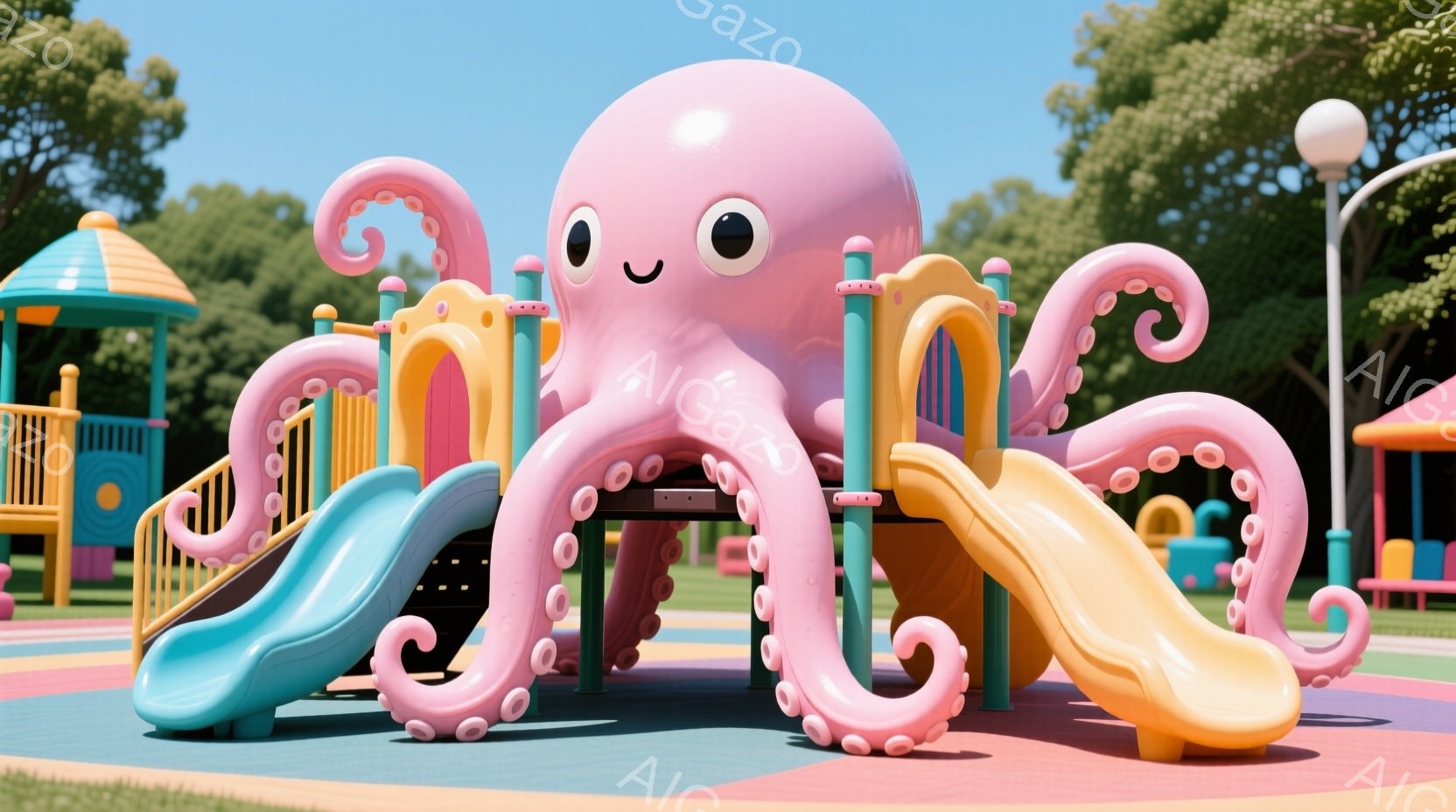 明るい晴れた日の公園で、ピンク色のタコが遊具のすべり台を中心に配置されています。タコは大きな丸い目で微笑み、柔らかい触手が遊具に巻き付いており、子供たちが安全に遊べるような優しい雰囲気を醸し出しています。背景には緑豊かな芝生と遠くに見える木々があり、カラフルな遊具と相まって、楽しい一日を過ごせるような活気に満ちた空間が広がっています。