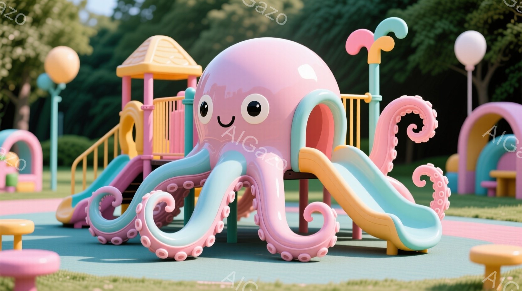 明るい緑の芝生の上に、タコを模した遊び道具が設置されています。ピンク色の頭部には愛らしい表情が描かれ、青い滑り台やオレンジ色の階段が特徴的です。背景には他の遊具や木々が見え、晴れた日の公園の楽しい雰囲 - AI生成フリー素材
