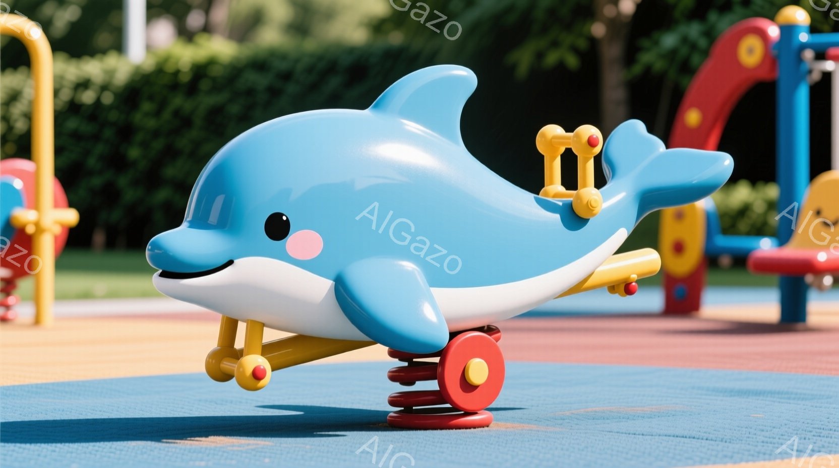 鮮やかな青色のイルカのシーソーが、遊園地の柔らかいゴム製の地面に設置されています。イルカは微笑んでおり、可愛らしい表情をしています。背景には緑豊かな木々と、他のカラフルな遊具の一部が見え、晴れた日の楽しい雰囲気を醸し出しています。