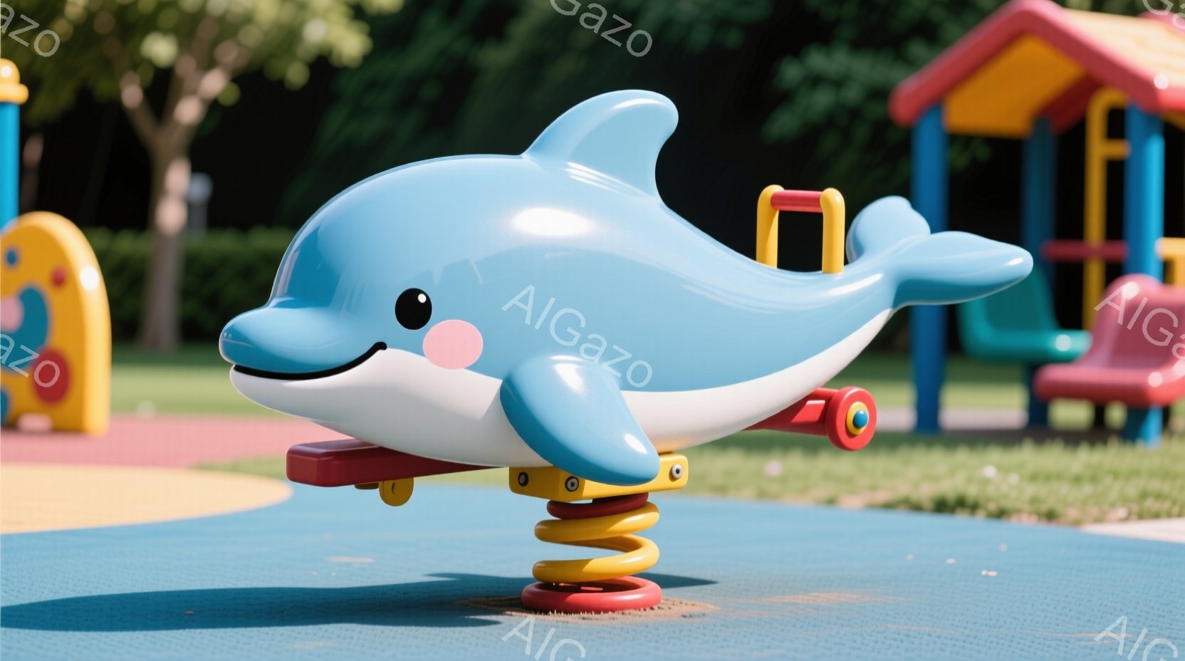 青いロッキングホースのような乗り物が遊具広場に設置されている。その乗り物はイルカの形をしており、可愛らしい表情と滑らかな曲線が特徴的だ。背景にはカラフルな遊具や緑豊かな木々が見え、晴れた日の穏やかな遊び場を表現している。