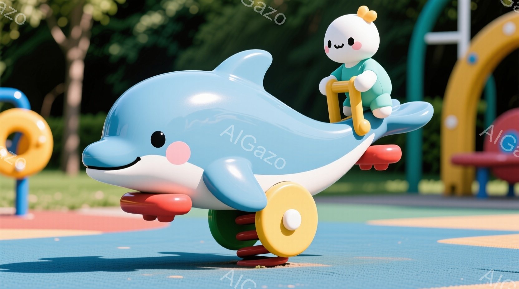 明るい遊園地の地面に、大きな青い振り子付きのイルカに乗った小さな白いキャラクターがいます。キャラクターは緑色の服を着ており、顔には赤いほっぺと微笑みが描かれています。背景にはカラフルな遊具や緑豊かな木 - AI生成フリー素材