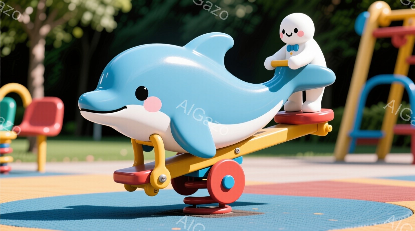 青い遊具のドルフィンに乗った白い小さなキャラクターが描かれています。キャラクターは青い蝶ネクタイを締め、笑顔で両手を上げて楽しんでいます。背景には遊園地のカラフルな遊具や緑の芝生が見え、晴れた日の楽し - AI生成フリー素材