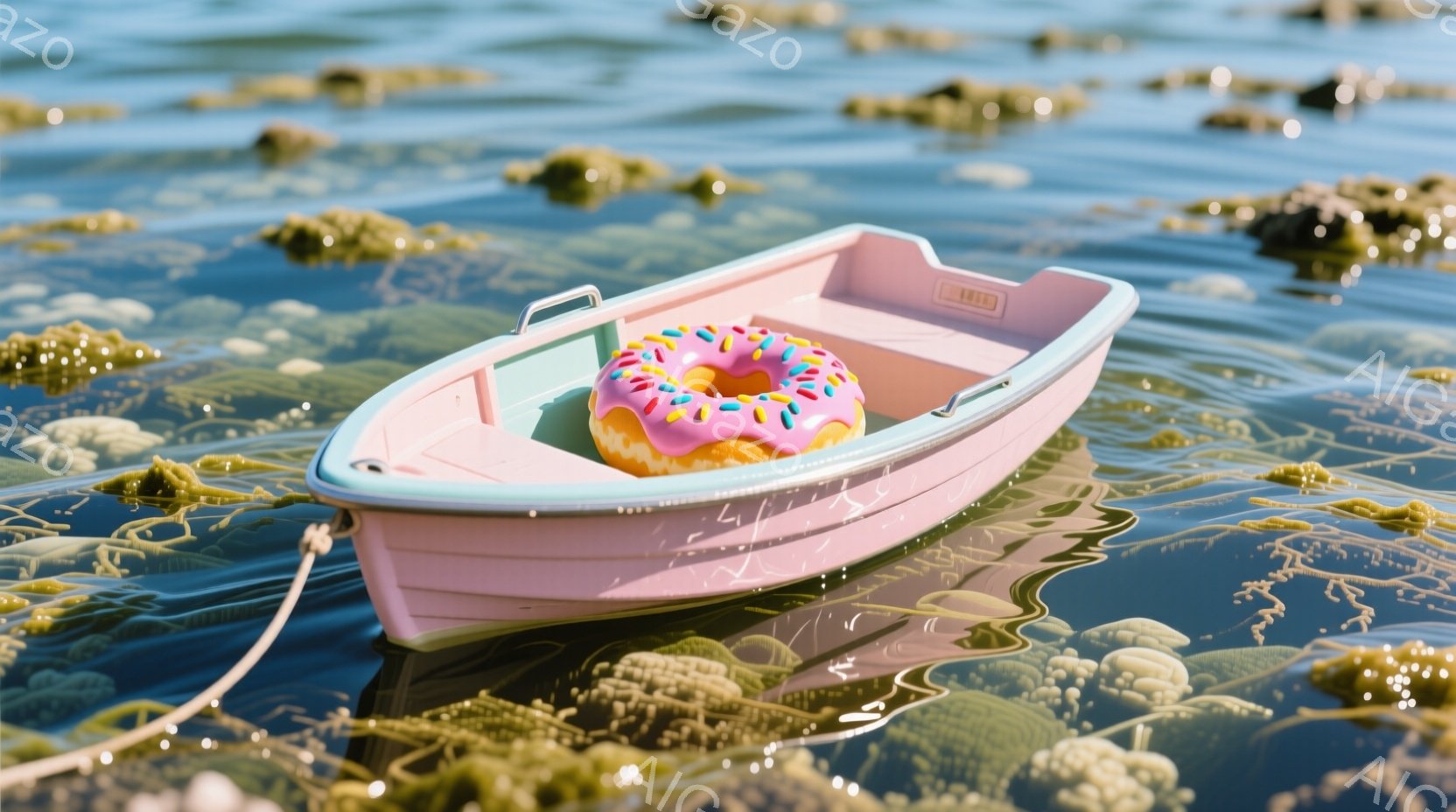 小さなピンク色のボートが水面に浮かんでおり、その中に鮮やかなピンク色のアイシングがかかったドーナツが乗っています。周囲には緑色の海藻のようなものが浮遊しており、穏やかで明るい水面が広がっています。全体 - AI生成フリー素材