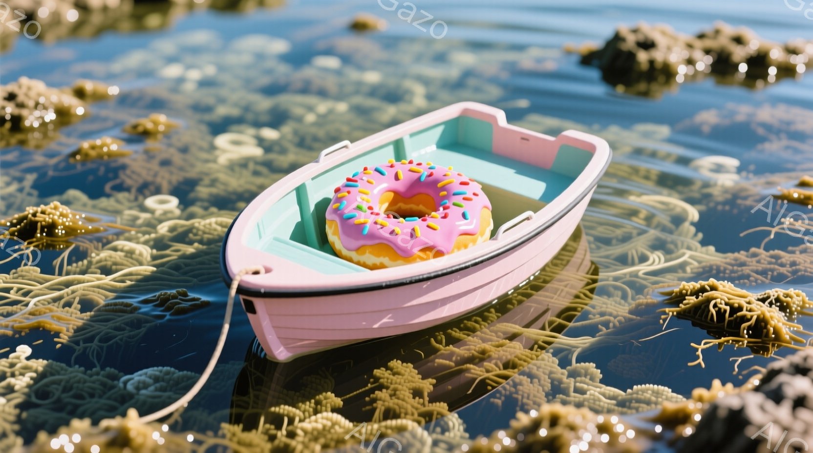 ピンク色の小さなボートが、水面に浮かんでおり、中にはアイシングがかかったドーナツが置かれています。背景には、水中に生える海藻のような植物が見られ、水面は穏やかで反射が確認できます。全体的に、明るくファ - AI生成フリー素材