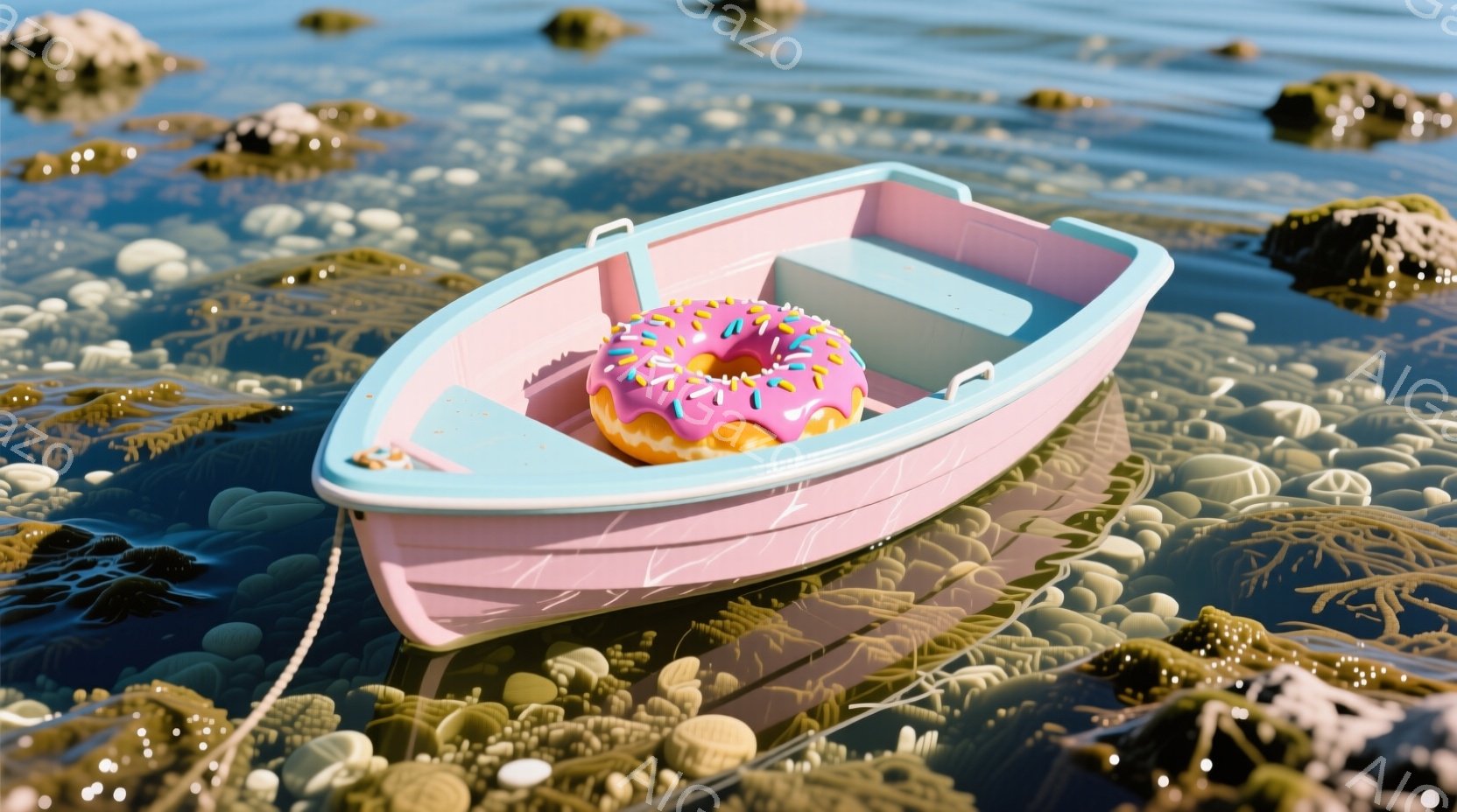 ピンク色の小さなボートが水面に浮かんでおり、中に鮮やかなピンク色のドーナツが置かれています。背景には海藻のような緑色の植物が密集し、水面は太陽の光でキラキラと輝いています。全体的に、遊び心があり、かわ - AI生成フリー素材