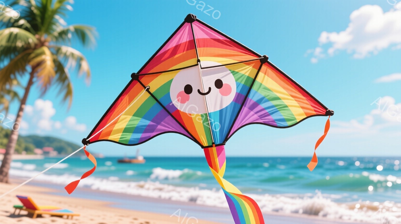 カラフルな凧が青い空とエメラルドグリーンの海を背景に高く舞っている。凧は虹色で、中央に笑顔の顔が描かれている。背景にはヤシの木やビーチチェアが見え、穏やかな夏の日の雰囲気が漂っている。