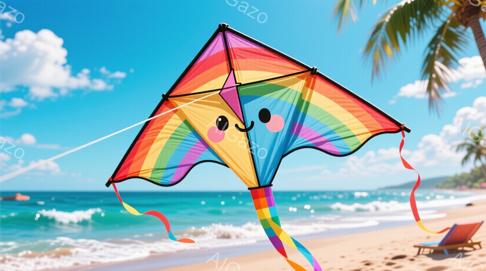 空には虹色に輝く可愛い凧が舞っており、顔には愛らしい表情が描かれています。背景には青い海と白い砂浜が広がり、遠くにはヤシの木が見え、リラックスした夏の日の雰囲気を醸し出しています。穏やかな波と鮮やかな空が、凧の楽しさをさらに引き立てています。