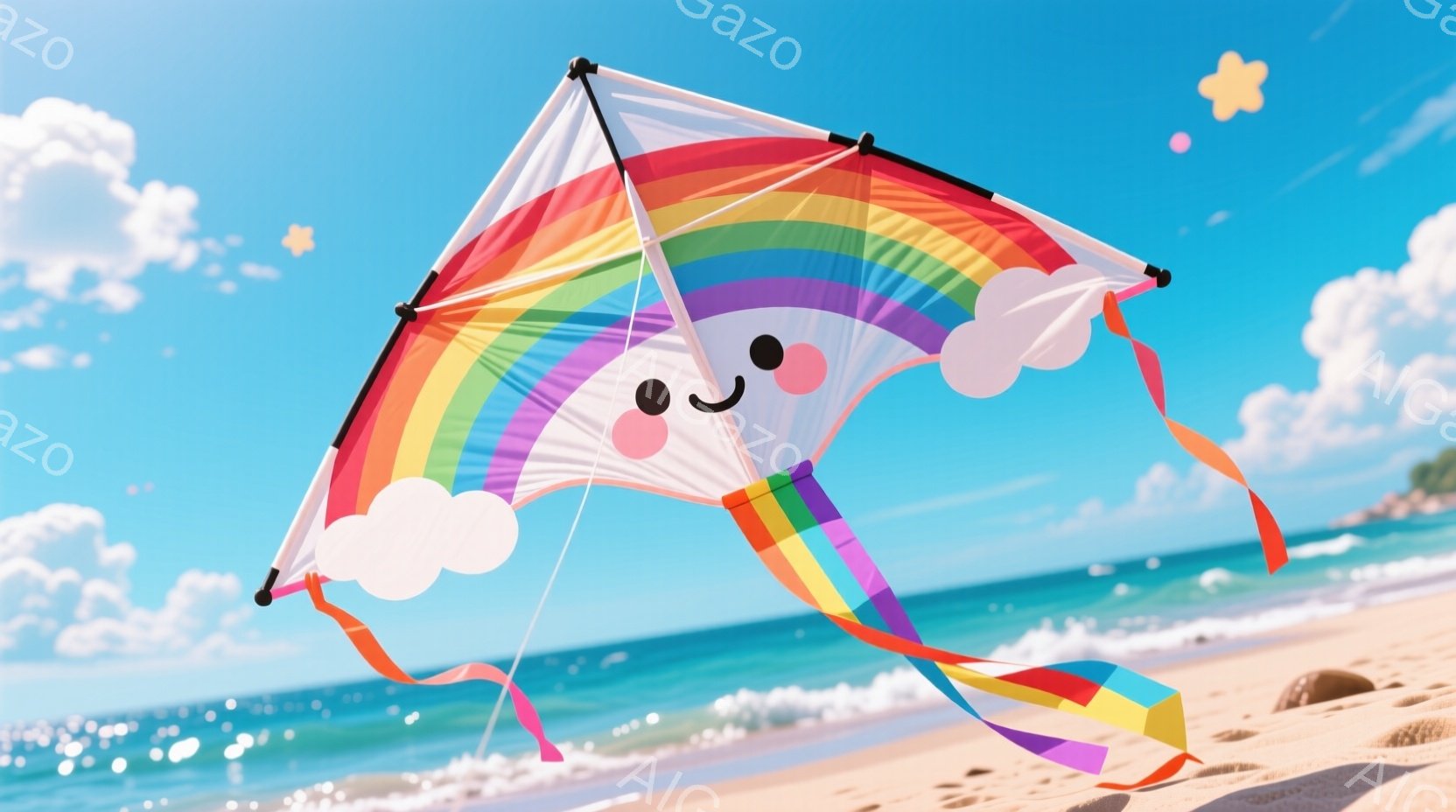 空には虹色に彩られた凧が浮かび、可愛らしい笑顔が描かれています。背景には青い海と白い波、そして砂浜が広がり、晴れた空には雲が浮かんでいます。全体的に明るく、穏やかで、楽しい雰囲気が漂っています。