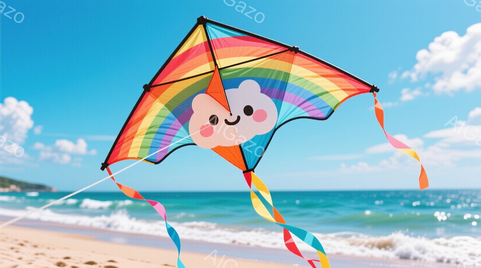 青い空とエメラルドグリーンの海を背景に、虹色の凧が飛んでいます。凧は雲の形をしており、可愛らしい顔が描かれています。凧の下には、色とりどりのリボンがたなびき、明るく楽しい雰囲気を醸し出しています。
