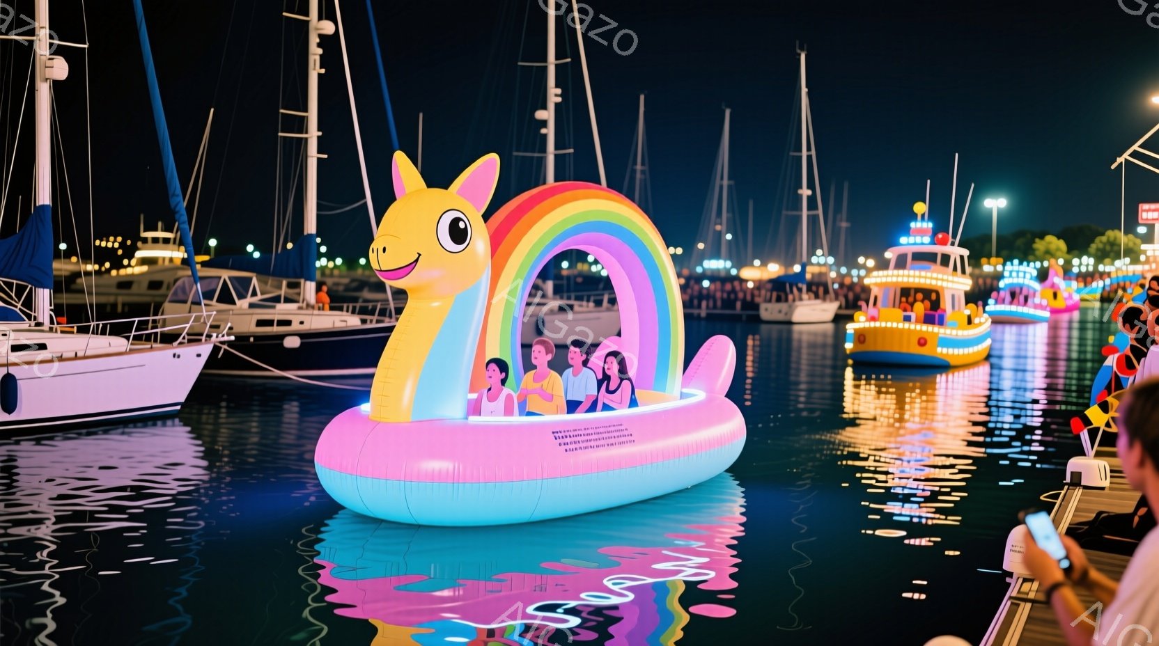 夜の港に浮かぶユニコーン型のフロートに、カラフルなドレスを着た女性たちが座っています。彼女たちは笑顔で、リラックスした様子でフロートを楽しんでいるようです。背景には、ライトアップされた船や建物が並び、水面に光が反射して幻想的な雰囲気を醸し出しています。