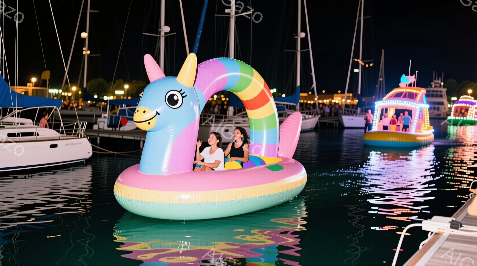 夜の港で、女性がユニコーン型のフロートに乗って水面に浮かんでいます。彼女は白いTシャツを着ており、黒髪を後ろで束ねています。背景には、ライトアップされたヨットや建物が並び、水面に光が反射して幻想的な雰囲気を醸し出しています。