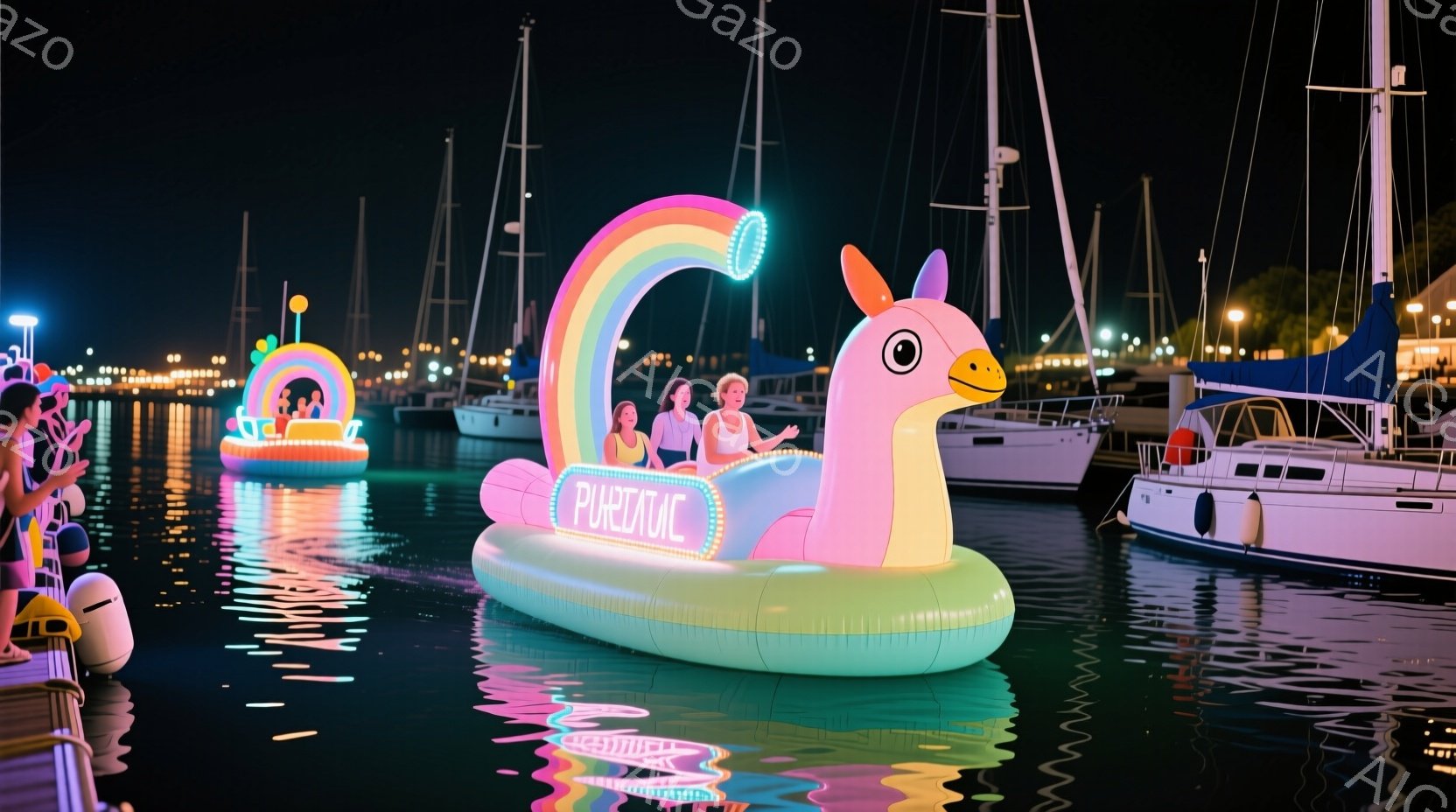 夜の海に浮かぶ巨大なユニコーンフロートが印象的です。フロートの上には数人の人々が乗り、リラックスした様子で海風を楽しんでいます。背景には、夜景を彩るイルミネーションと、停泊しているヨットが並び、幻想的な雰囲気を醸し出しています。