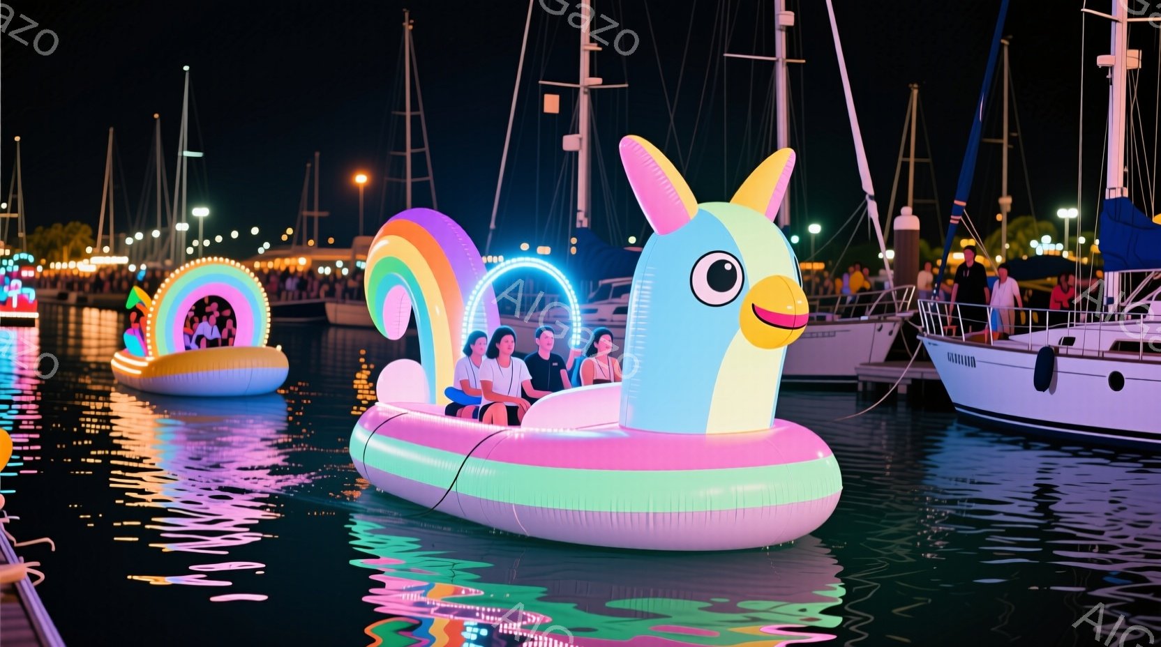 夜の港に、色とりどりの巨大な浮き輪ボートが浮かんでいる。ボートには数人の人々が乗り込み、カジュアルな服装でリラックスした様子を見せている。背景には、マストが林立するヨットや、水面に映る光の反射が広がり、幻想的な雰囲気を醸し出している。