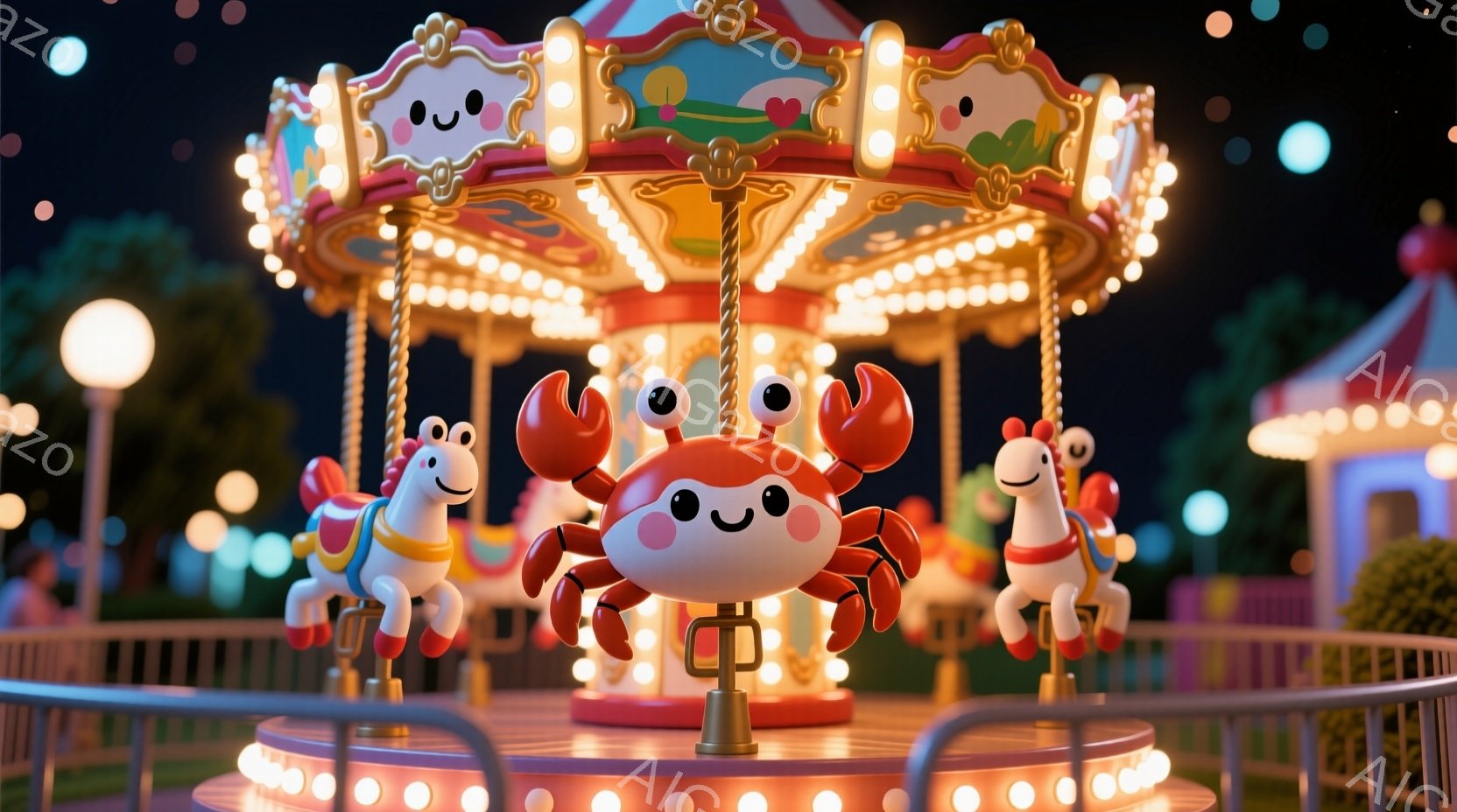 夜空の下、遊園地の回転木馬が楽しげに回っている。白いユニコーンと可愛らしいカニの乗り物が並び、それぞれ優しい笑顔を浮かべている。背景には緑豊かな木々や、パステルカラーの建物が見え、きらめく光が幻想的な雰囲気を醸し出している。