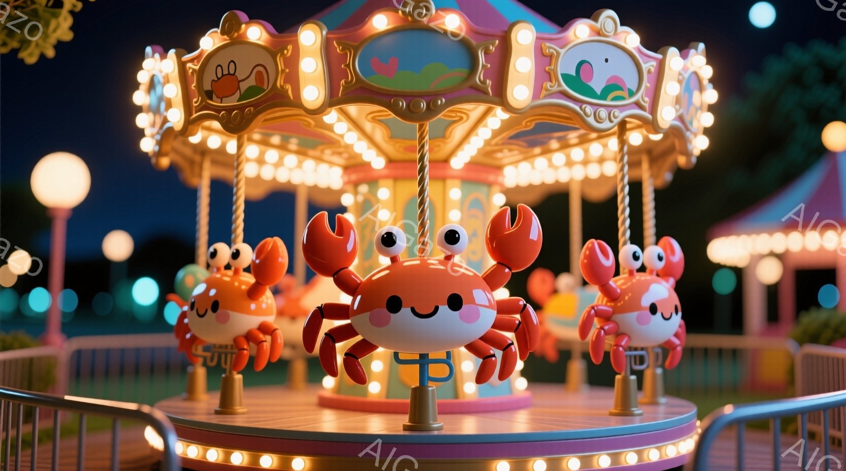 夜の遊園地のメリーゴーランドが描かれており、乗り物は可愛らしいカニの形をしています。カニたちはピンクの台座に乗り、笑顔でこちらを見つめており、全体的にパステルカラーで柔らかい雰囲気を醸し出しています。 - AI生成フリー素材