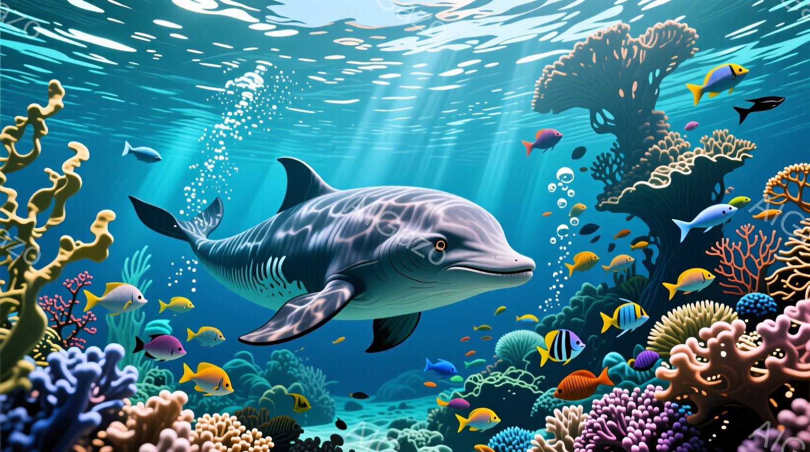 海中には、縞模様のイルカが優雅に泳いでおり、周囲には様々なカラフルな熱帯魚が群れています。背景には、赤やオレンジ色のサンゴ礁が広がり、太陽光が水面から差し込み、幻想的な光景を作り出しています。全体的に - AI生成フリー素材