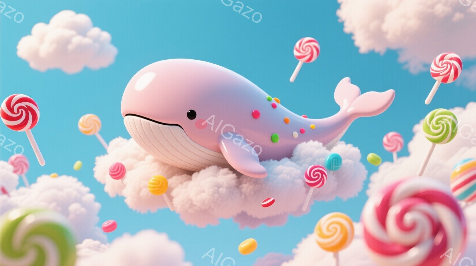 柔らかいピンク色の鯨が、ふわふわとした白い雲の上に横たわっています。周りには色とりどりのキャンディが浮かんでおり、夢のような幻想的な雰囲気を醸し出しています。明るい空と雲、そして可愛らしい鯨の組み合わせは、見る人に幸福感と安らぎを与えます。