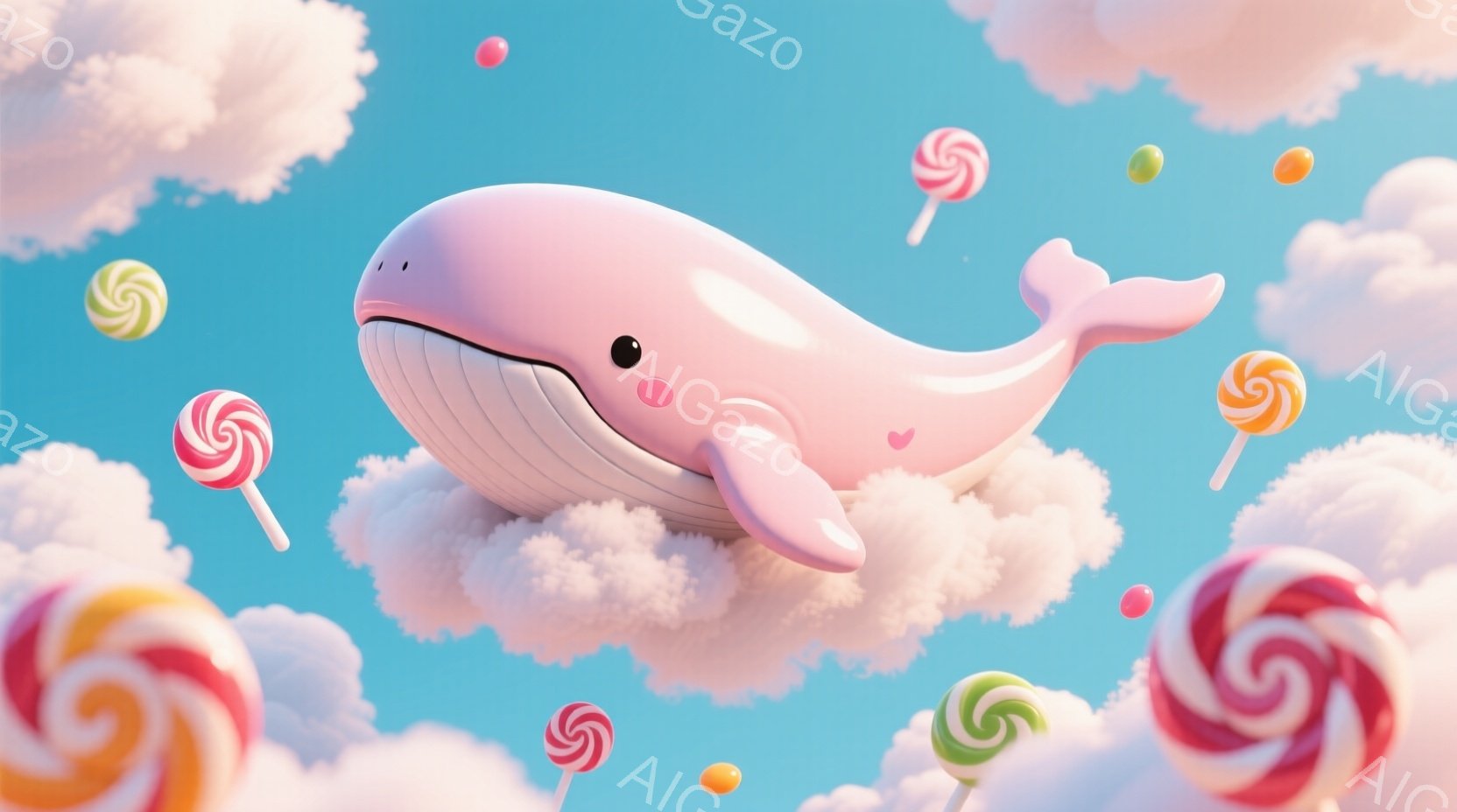 明るい水色の空に、ふわふわとした雲の上で、可愛らしいピンク色の鯨が浮かんでいます。鯨は丸みを帯びた体型で、つぶらな瞳と微笑みを浮かべており、とても愛らしい印象を与えます。周囲にはカラフルなキャンディが - AI生成フリー素材