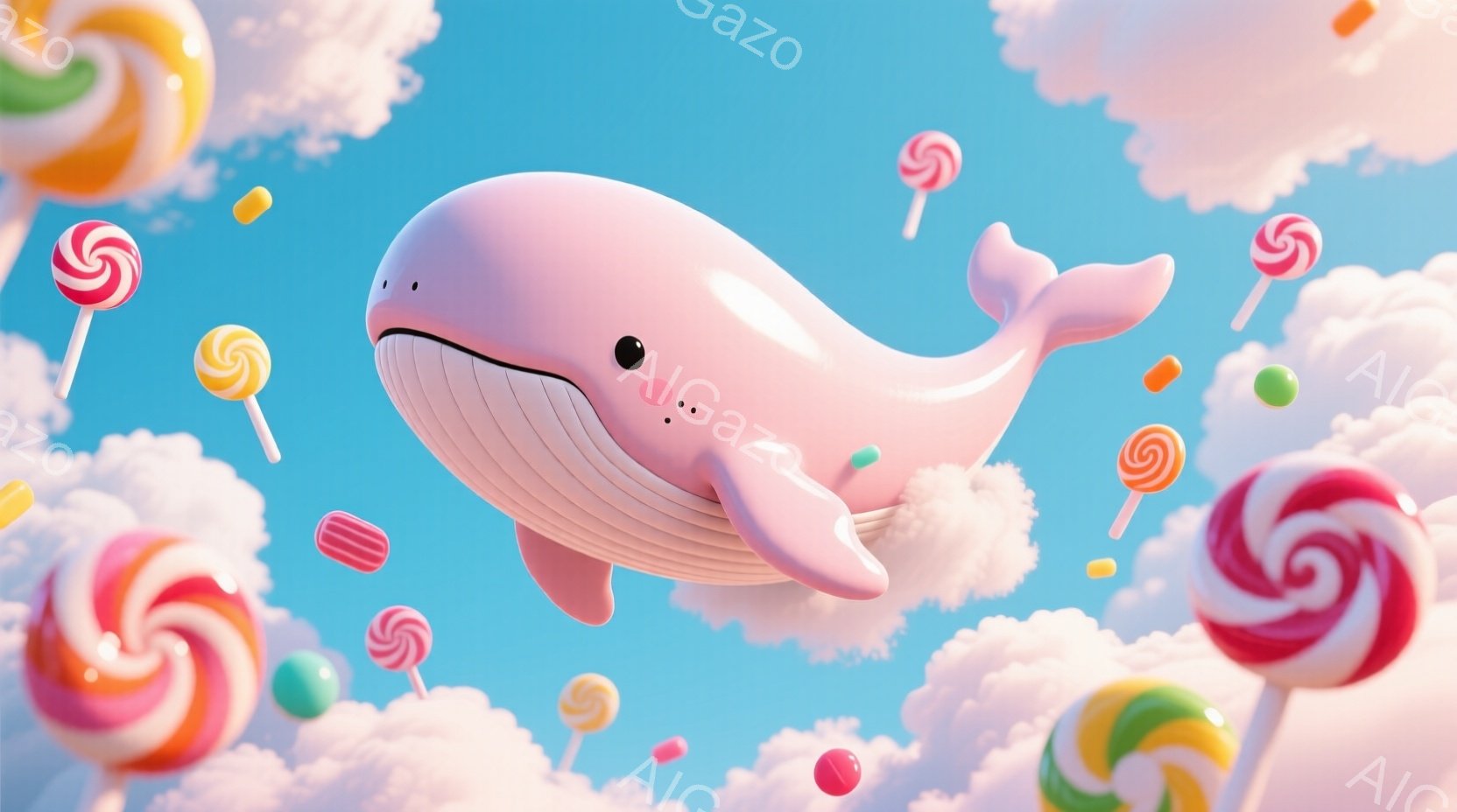 空には、パステルピンク色の可愛らしい鯨が雲の上に浮かんでいます。鯨は丸みを帯びた体形で、つぶらな瞳と穏やかな表情をしています。背景には、赤、緑、黄色の渦巻きキャンディーや小さな四角いキャンディーが散り - AI生成フリー素材