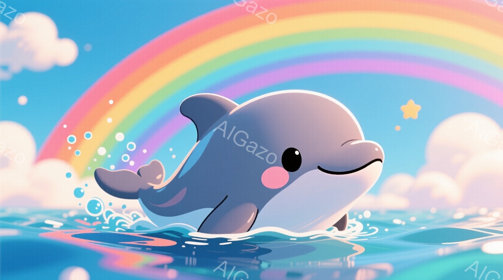 可愛らしいイルカが、水面から飛び出しています。背景には虹がかかり、水面には水しぶきと小さな泡が散らばり、明るく楽しい雰囲気が漂っています。空は水色で、白い雲が浮かび、全体的に穏やかで夢のような印象を与 - AI生成フリー素材
