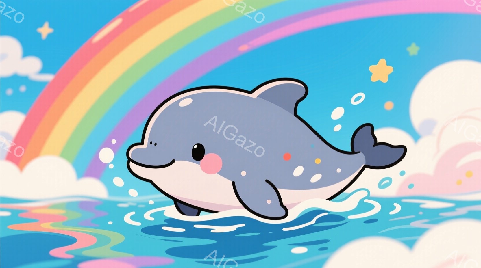 鮮やかな虹と波が広がる海を、愛らしいイルカが飛び跳ねています。イルカは笑顔で、丸みを帯びたフォルムが可愛らしさを強調しています。背景にはふわふわとした雲と星が散りばめられ、穏やかで夢幻的な雰囲気を醸し - AI生成フリー素材