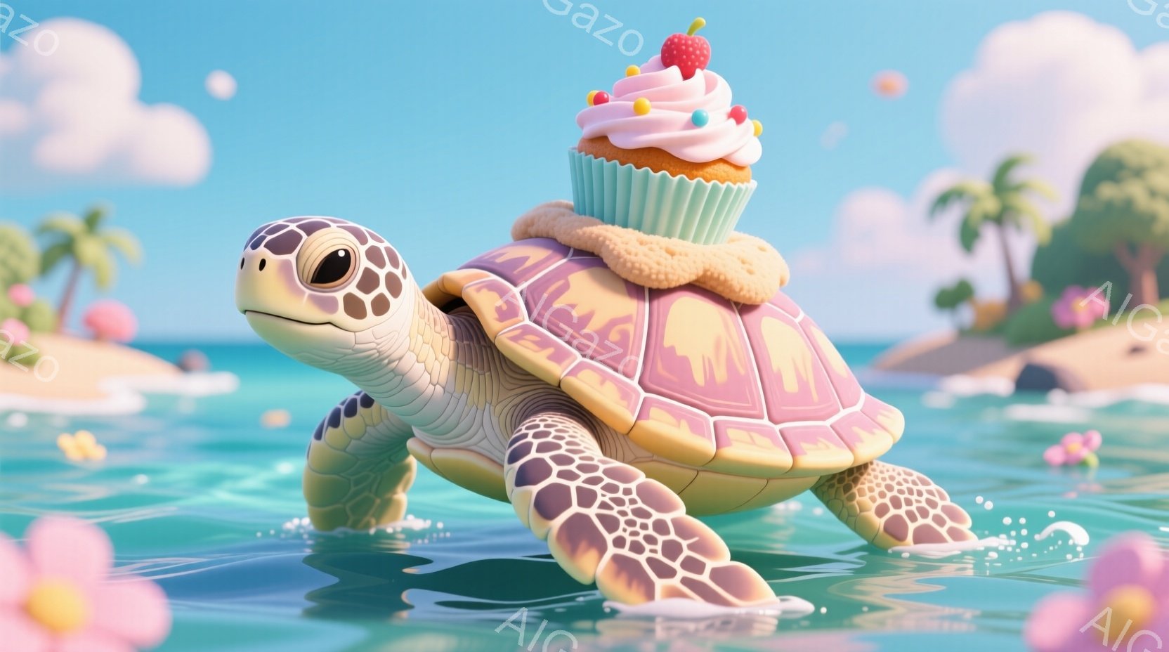 背中に大きなカップケーキを乗せた愛らしいカメを描いています。カメは水面を泳いでおり、その表情は穏やかで、まるでカップケーキを大切に運んでいるかのようです。背景には、青い海、ピンクの花、そしてヤシの木が - AI生成フリー素材