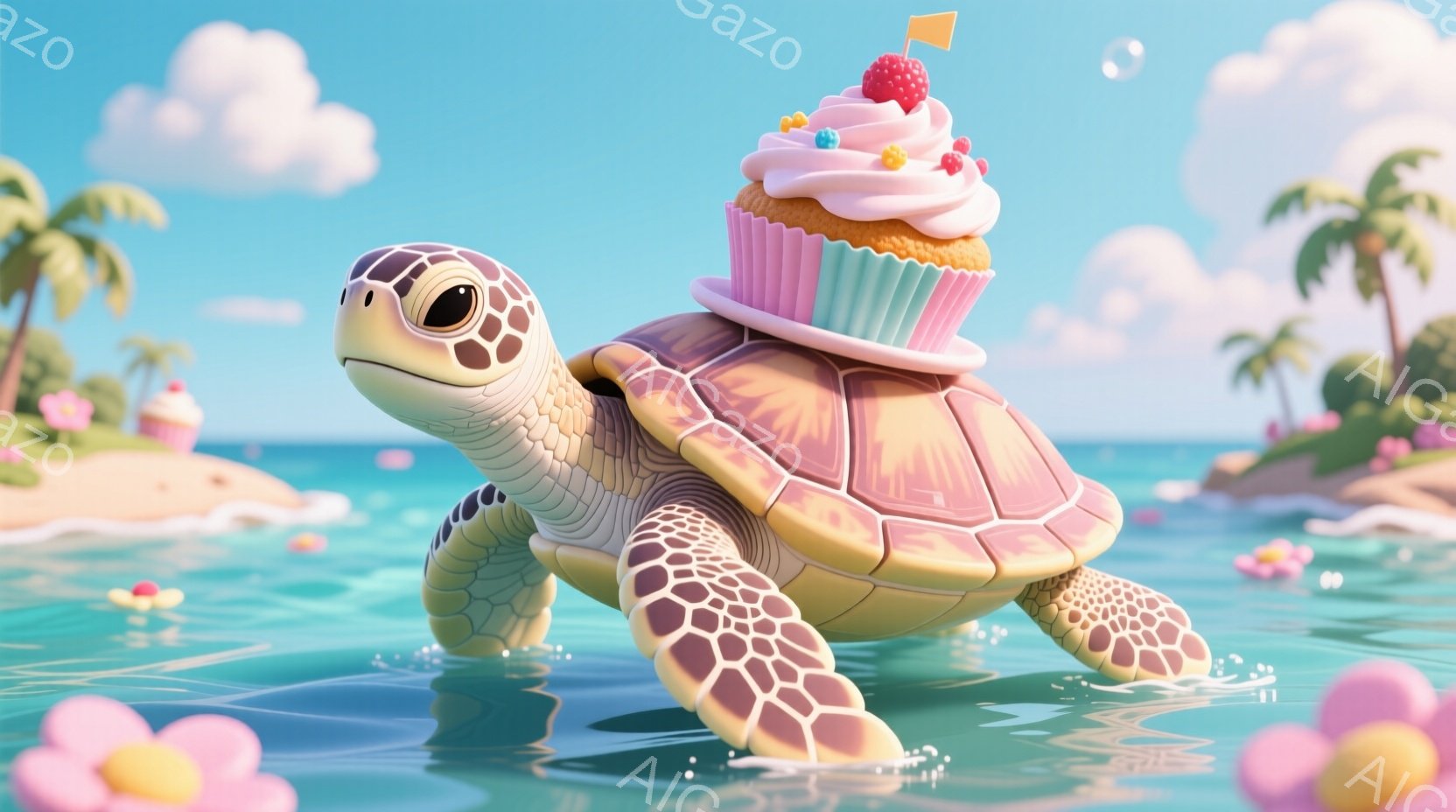 鮮やかなターコイズブルーの海を、かわいらしい亀が泳いでいます。その甲羅には、クリームとラズベリーで飾られたカラフルなカップケーキが乗っており、遊び心に満ちた様子が伺えます。背景には、ヤシの木が生い茂る - AI生成フリー素材