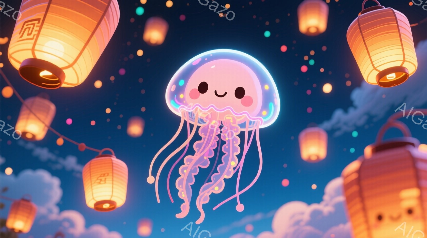 明るい青色の空を背景に、愛らしいクラゲが浮かんでいます。クラゲはピンク色で、多数の細い触手が優雅に漂っています。周囲には、様々な色の提灯が星のように散りばめられ、幻想的な雰囲気を醸し出しています。